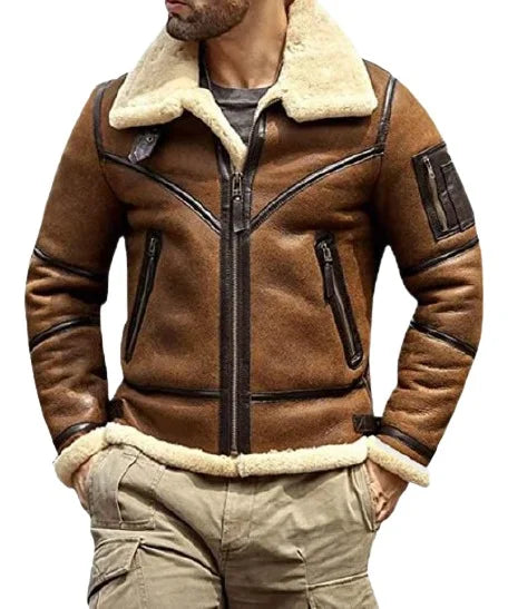 Brown leather jacket with shearling lining worn by a person on a white background