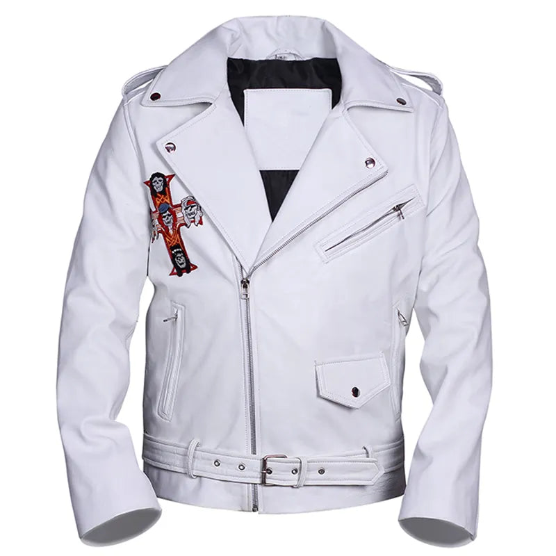 Front view of Guns N’ Roses White Motorcycle Oak Leather Jacket