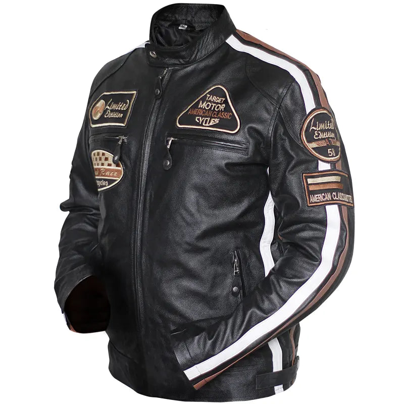 Back design of black oak leather biker jacket handmade in Pakistan