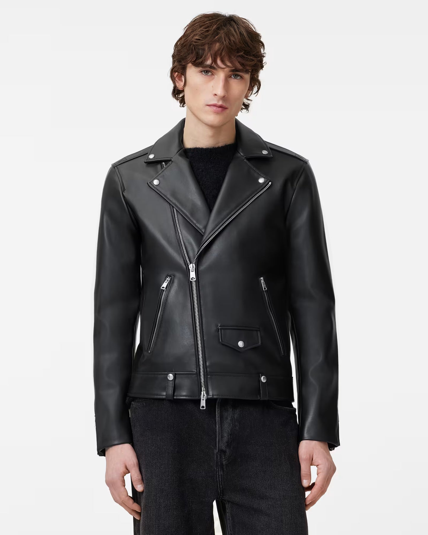 "Model wearing leather biker