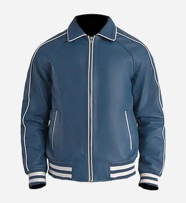 OakLeather Men’s Blue Leather Varsity Jacket front view