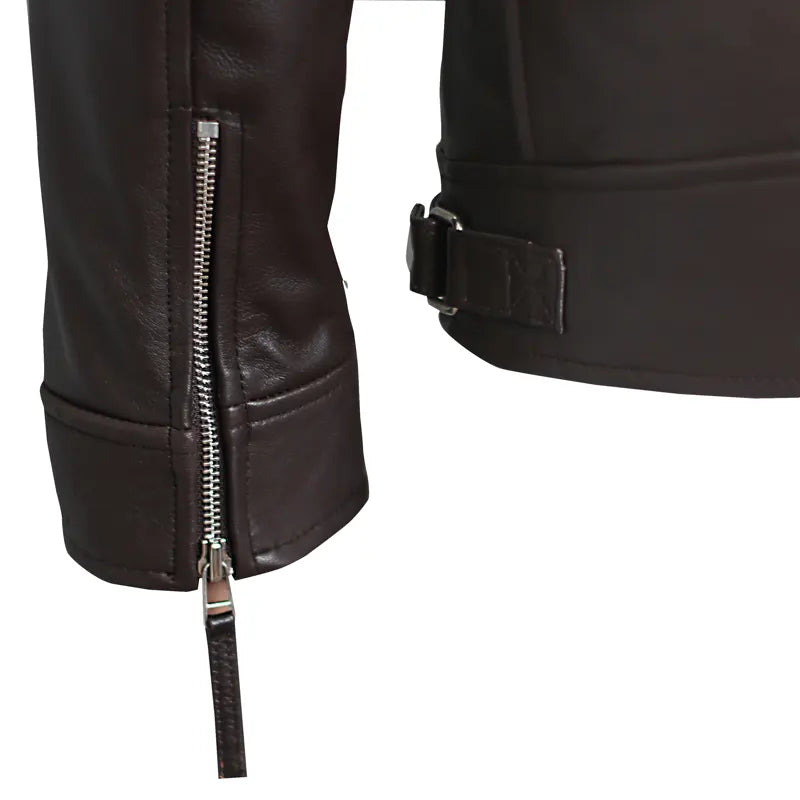 Side profile of men’s dark brown distressed oak leather biker jacket