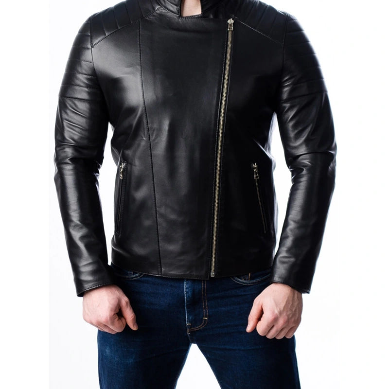 Close-up of quilted oak leather detail on motorcycle jacket
