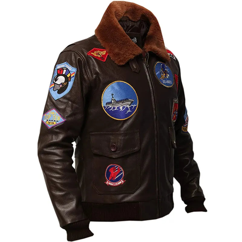 Brown leather jacket with various patches on a white background