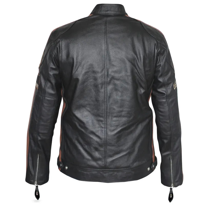 Back design of black oak leather biker jacket handmade in Pakistan