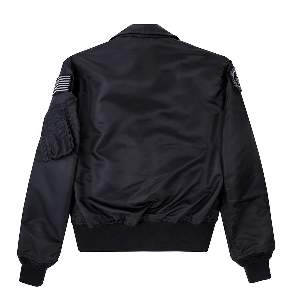 Black bomber jacket on a white background