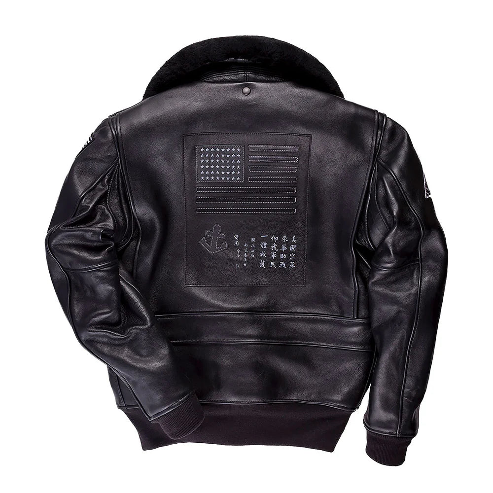Black leather jacket with a flag patch on the back against a white background