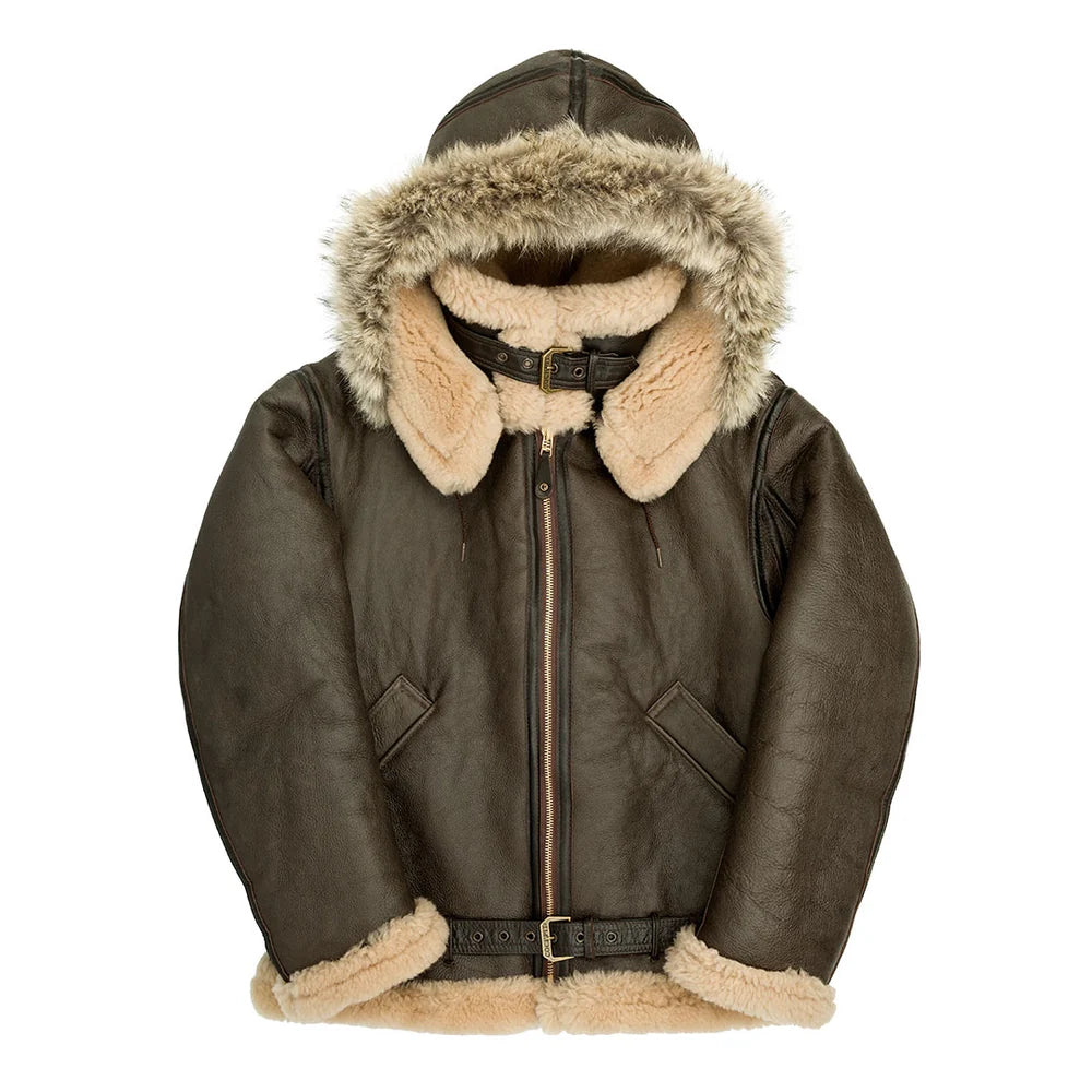 Brown leather jacket with fur trim on a white background