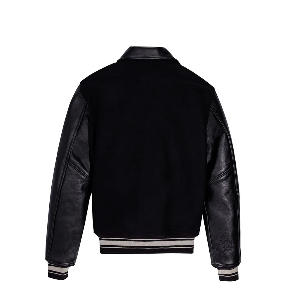 Black leather jacket with black sleeves on a white background