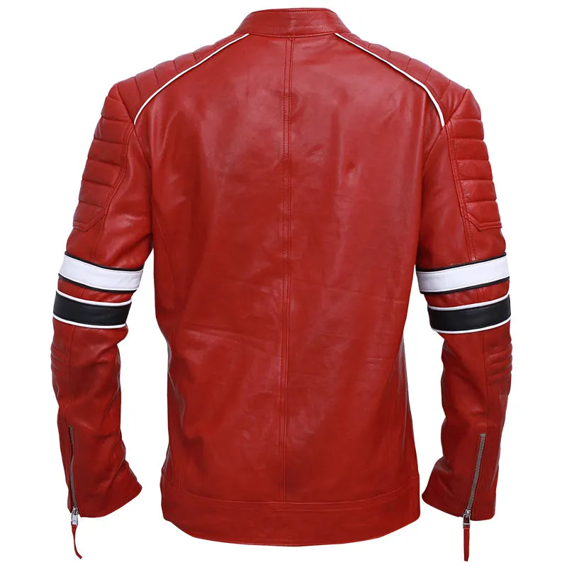 Handmade Pakistan café racer oak leather red stripe jacket