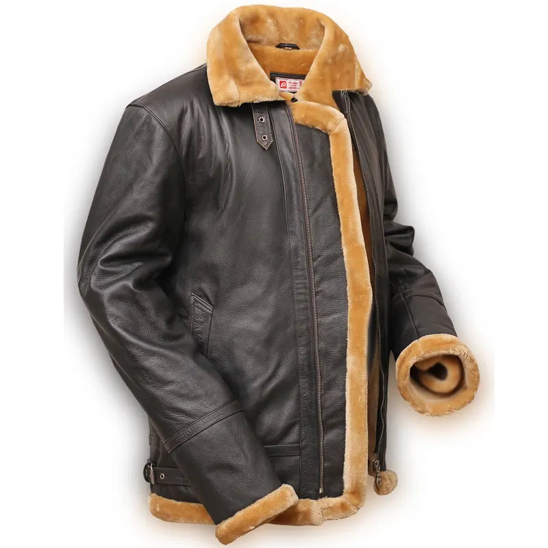 Men’s aviator flight jacket in brown oak leather with shearling lining