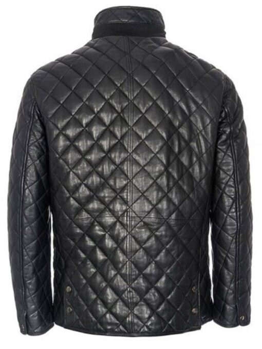 Back view of the men's black leather jacket, highlighting the sleek cafe racer design.