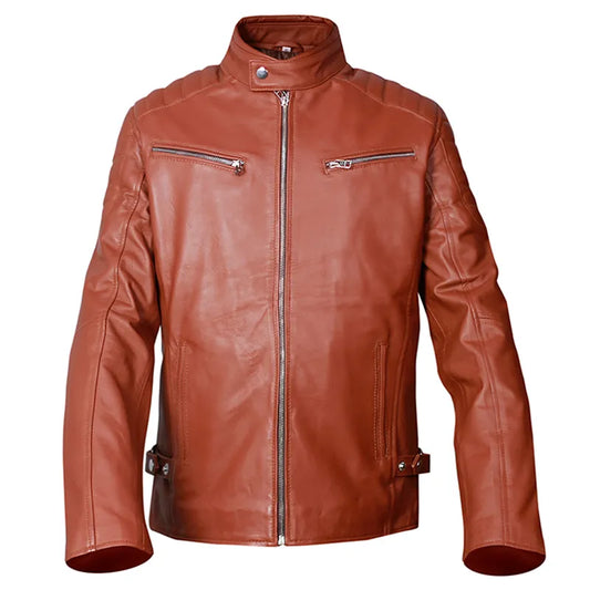 Front view of Cafe Racer Brown Retro Style Oak Leather Biker Jacket
