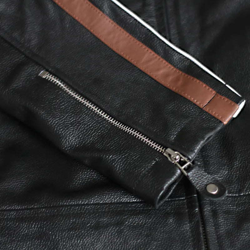 Detailed stitching of handmade black leather jacket Pakistan