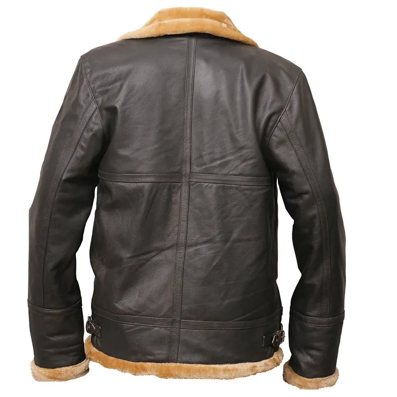 Handmade Pakistan brown oak leather aviator jacket with shearling collar