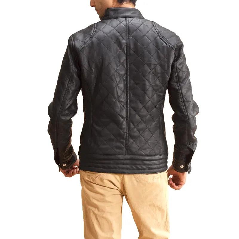 Back view of handmade black oak leather quilted jacket