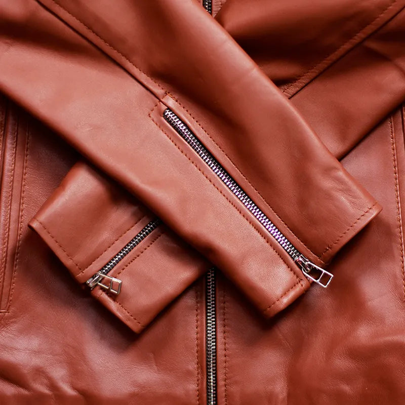 Side profile of brown oak leather Cafe Racer biker jacket handmade in Pakistan