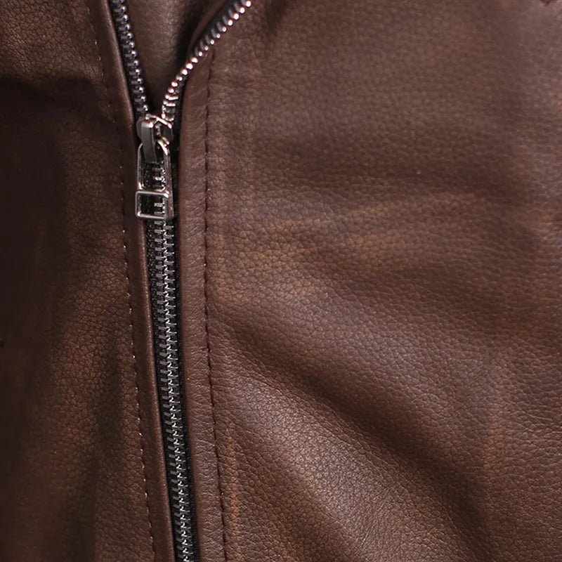 Side profile of men’s brown oak leather motorcycle jacket