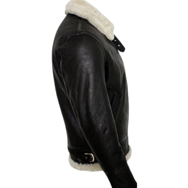 Black leather jacket with white fur lining on a white background