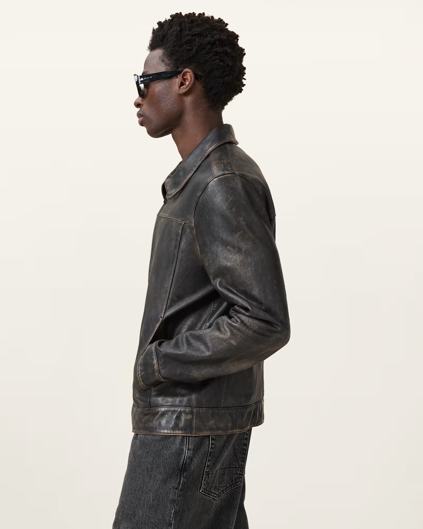 "Close-up of two-tone leather paneling on Alkan jacket by 