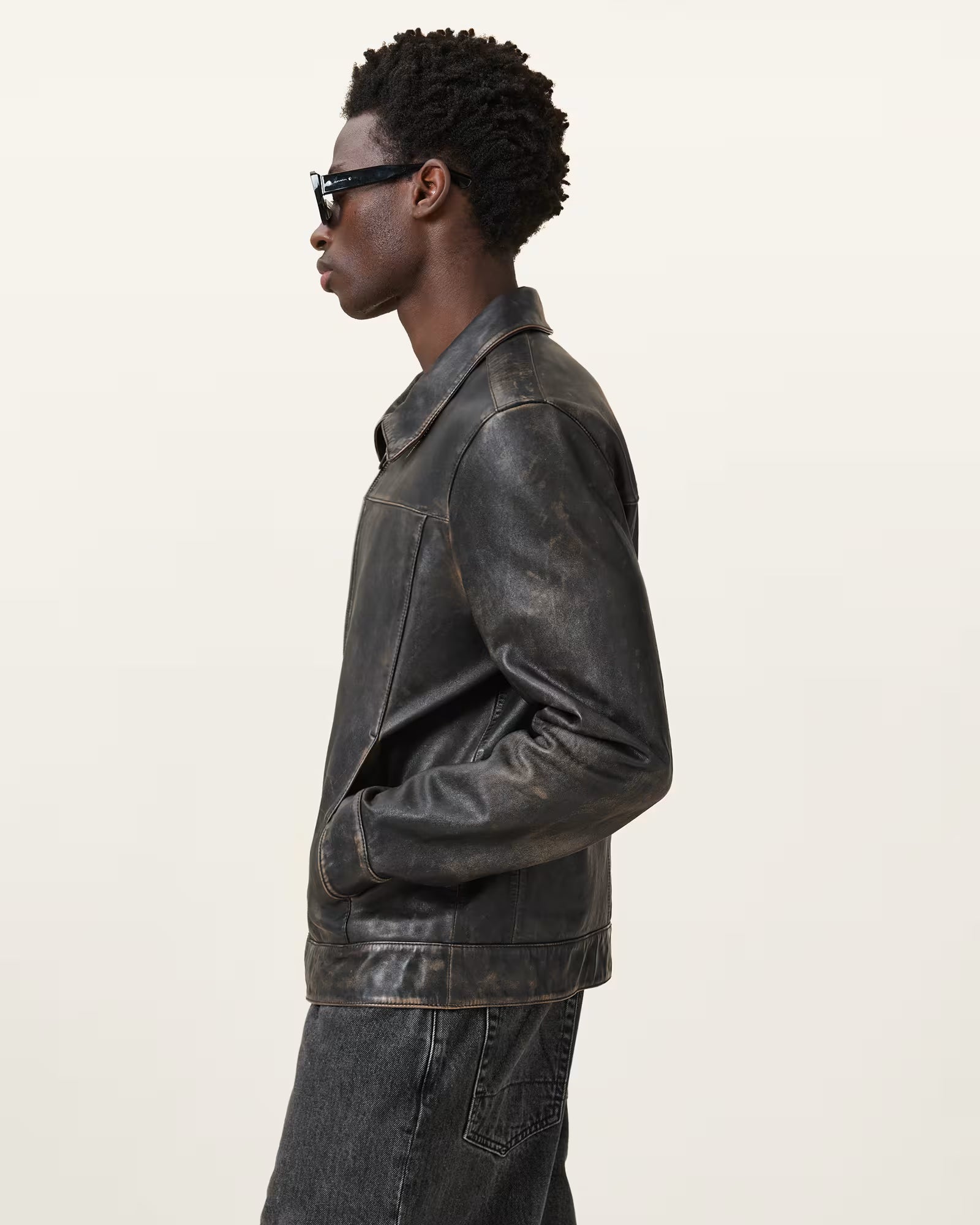 "Close-up of two-tone leather paneling on Alkan jacket by 