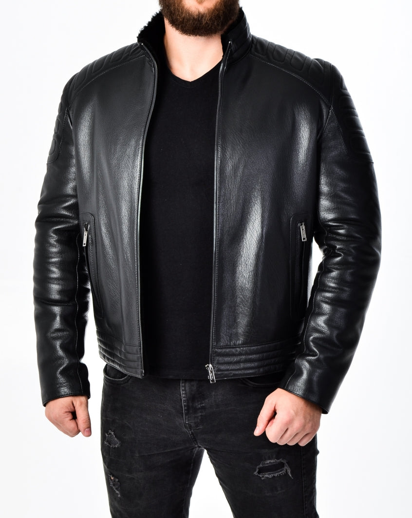 Men Padded Black Leather Biker Jacket