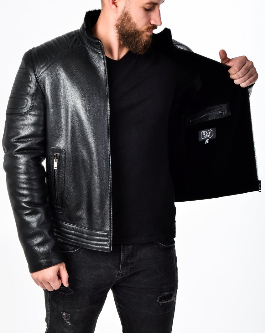 Men Padded Black Leather Biker Jacket