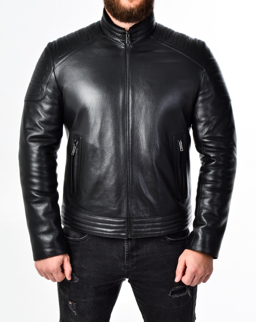 Men Padded Black Leather Biker Jacket