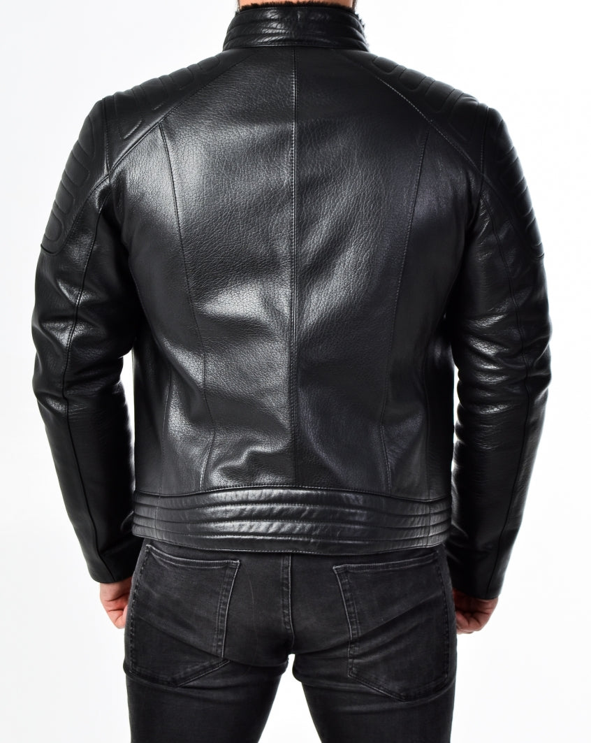 Men Padded Black Leather Biker Jacket