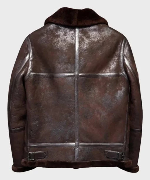Back view of the distressed brown leather B3 bomber jacket.