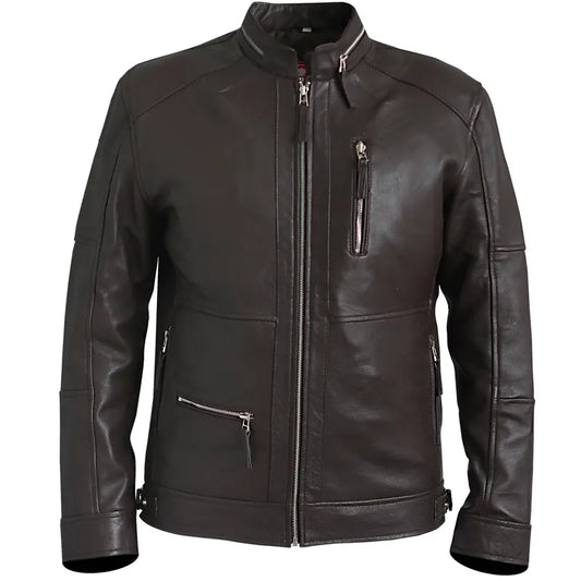 Front view of Distressed Dark Brown Oak Leather Biker Jacket for Men