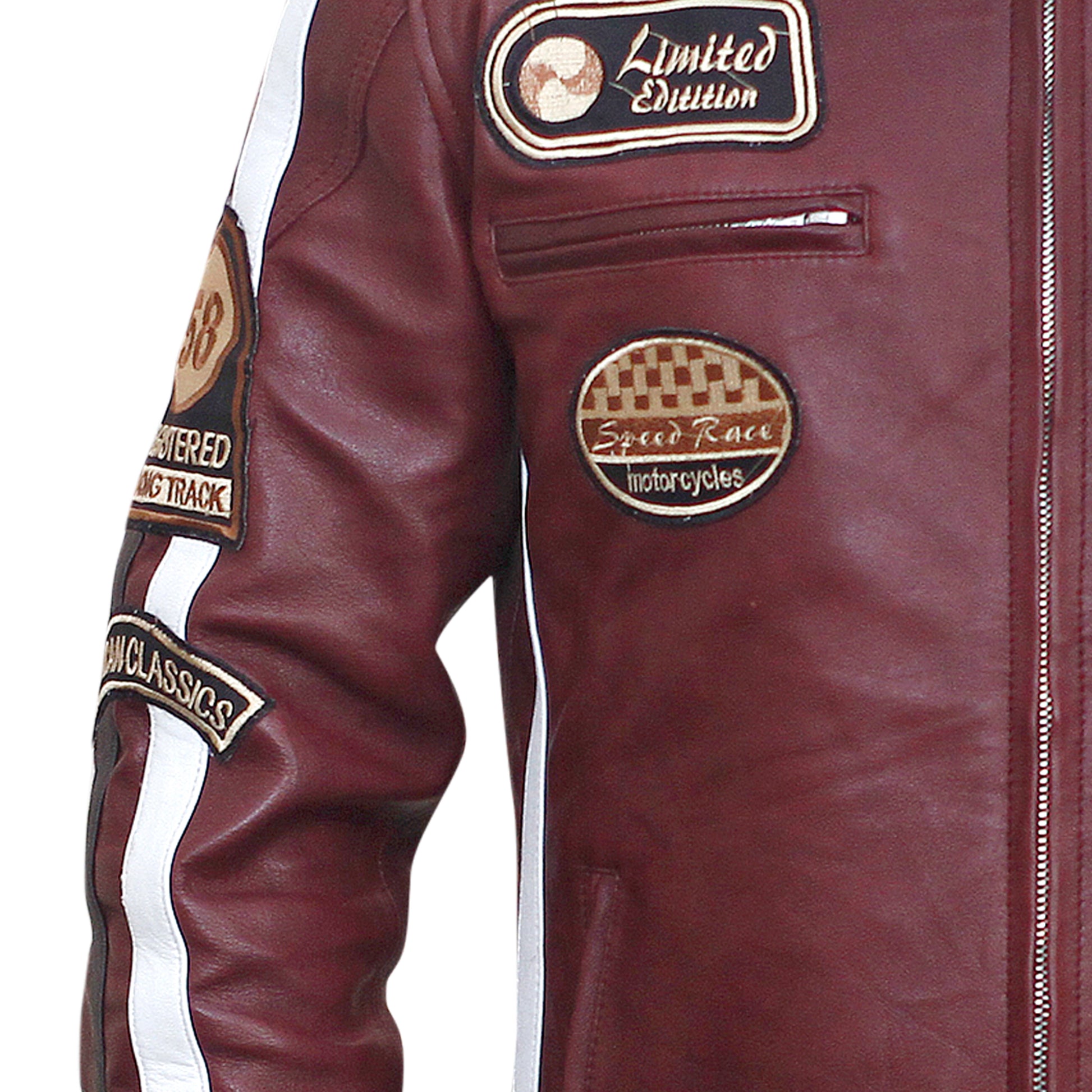 Brown leather jacket with patches on a white background