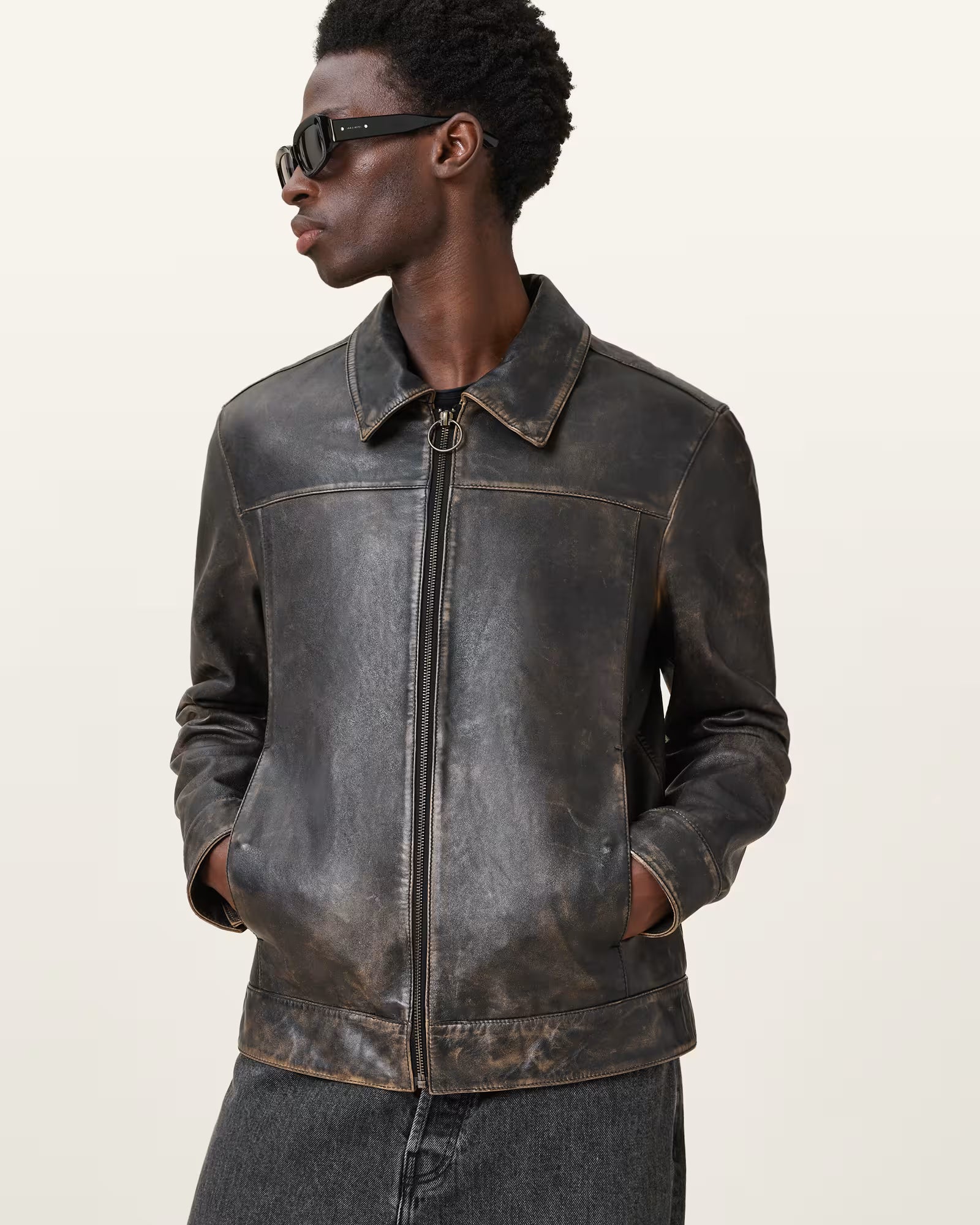 "Front view of Alkan two-tone leather jacket – zip-up design by Oak Leather"