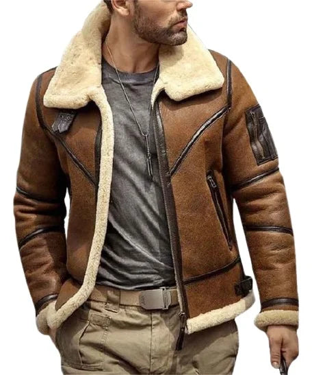 Brown leather jacket with beige fur lining worn by a person on a white background