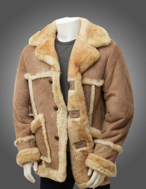 Model wearing a made in Pakistan men's fur-lined leather coat.