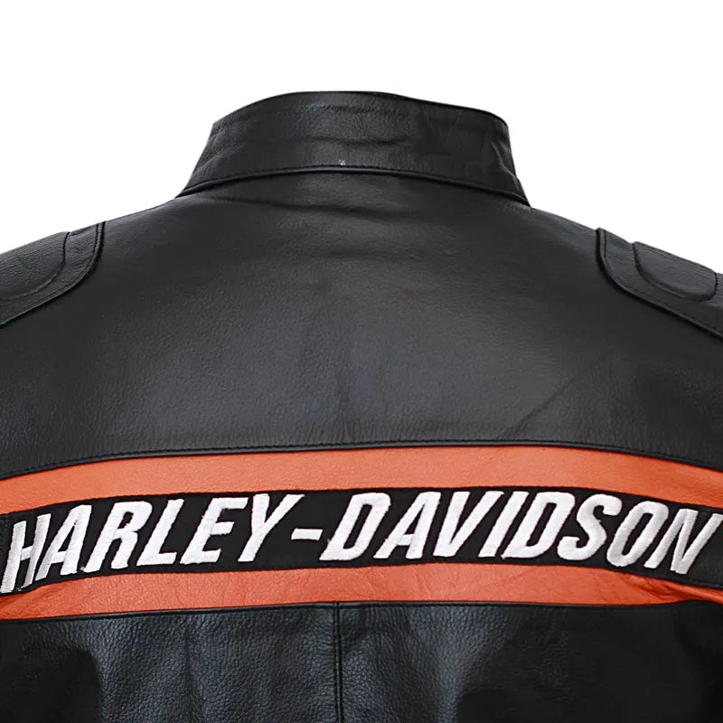 Close-up of Harley Davidson logo on Goldberg oak leather jacket