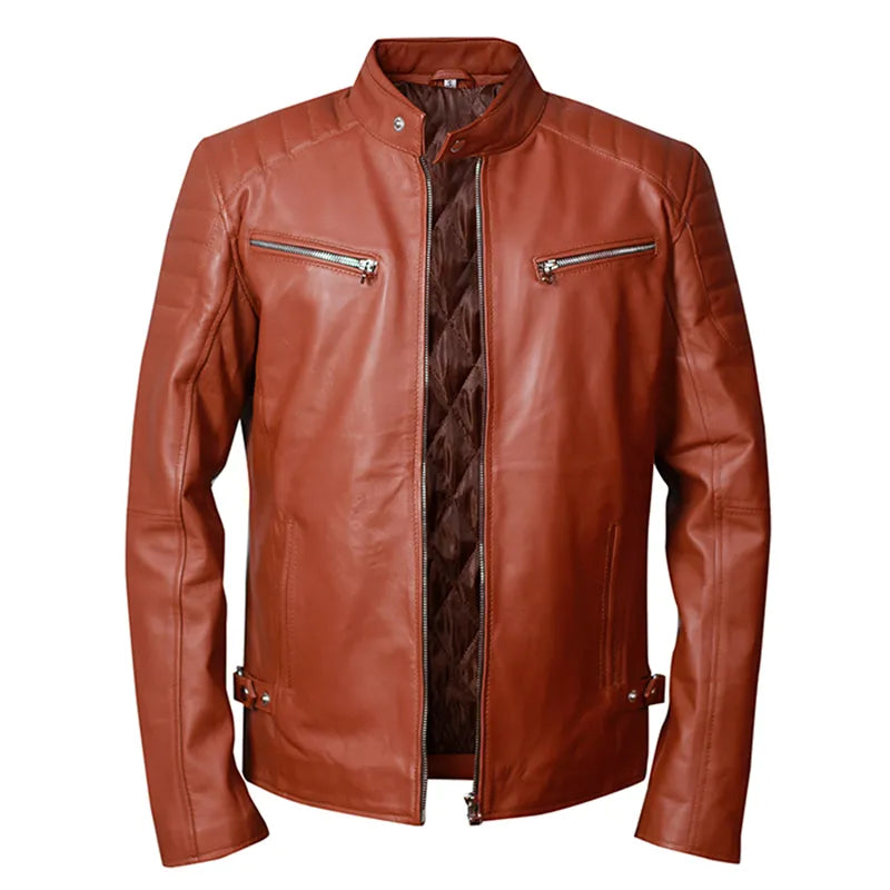 Close-up of oak leather texture on brown Cafe Racer retro jacket