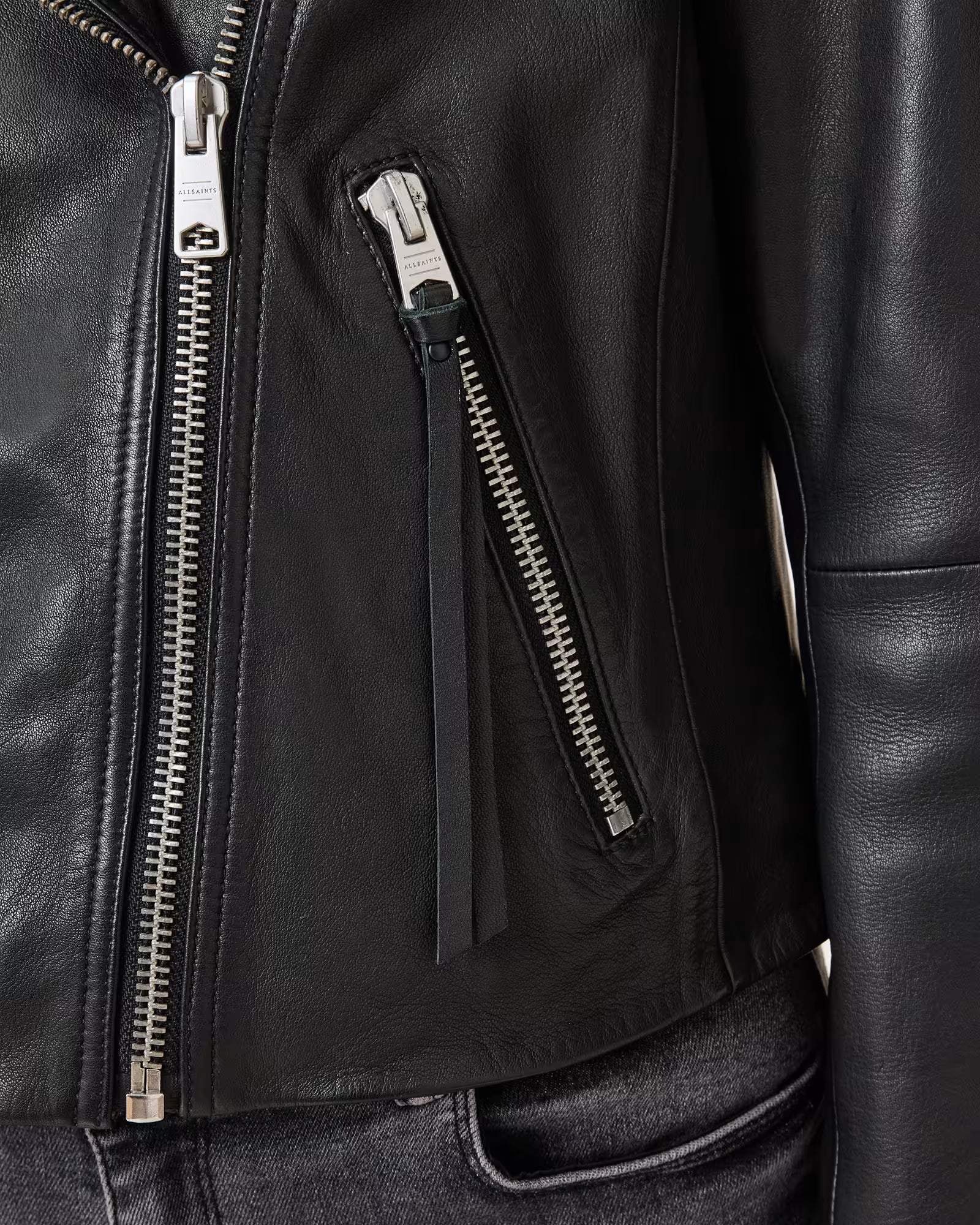 Close-up of a black leather jacket with zippers