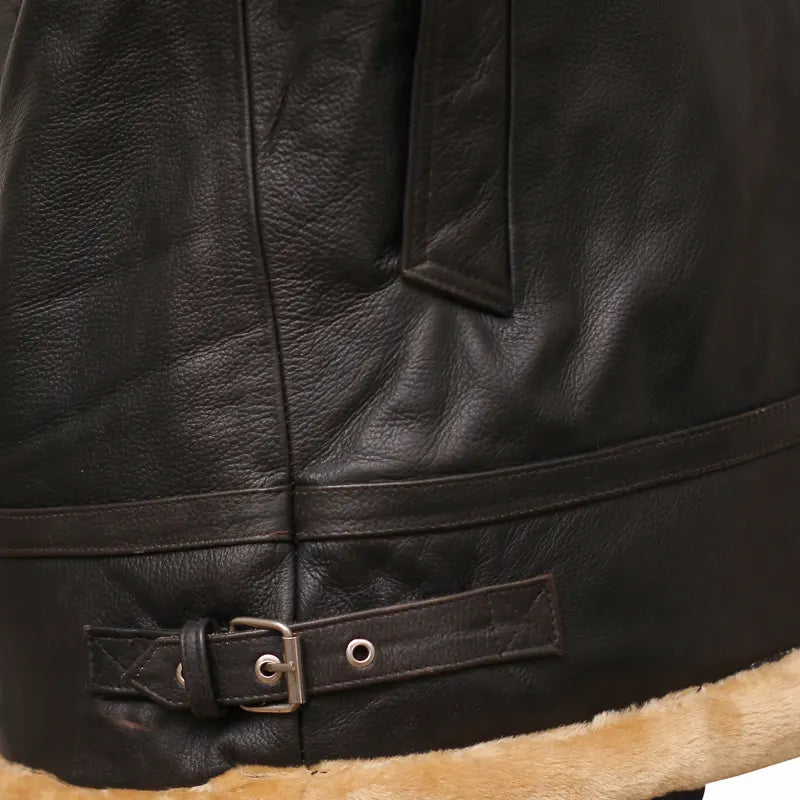 Close-up of oak leather texture on aviator shearling jacket
