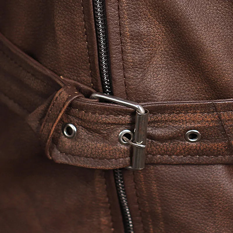 Close-up of oak leather texture on brown biker jacket