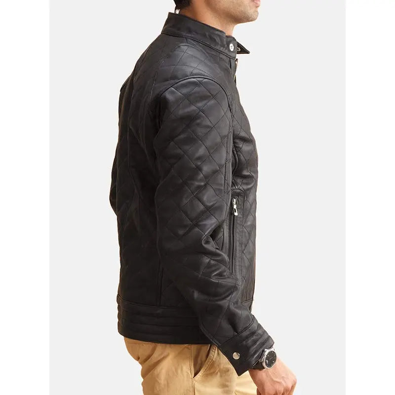 Side profile of men’s black quilted oak leather jacket