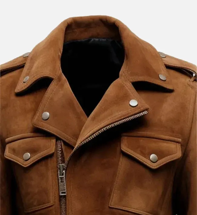Close-up of suede and oak leather texture on biker jacket