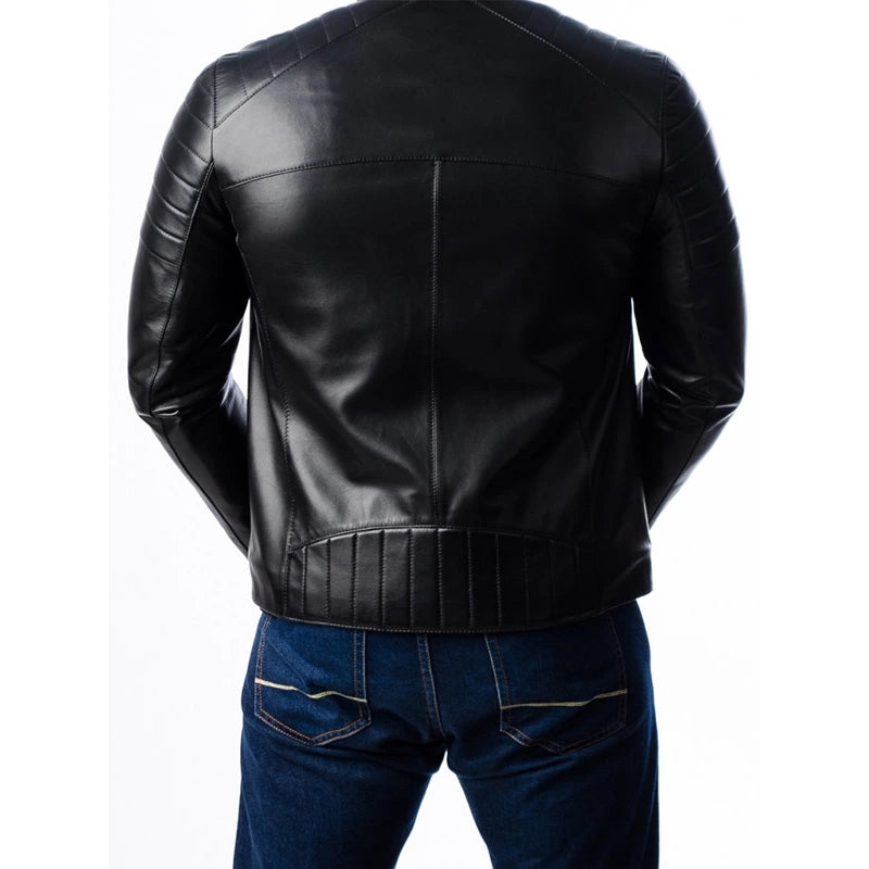 Back view of handmade quilted oak leather biker jacket