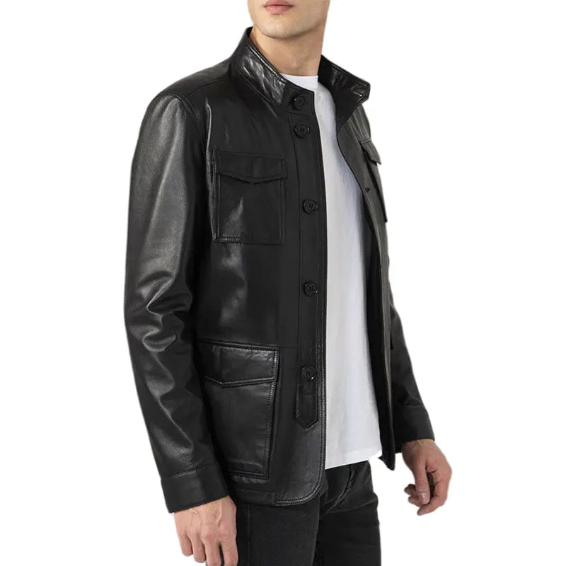 Side profile of OakLeather black leather jacket with flap pockets