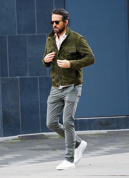 Side profile of OakLeather trendy green suede leather jacket