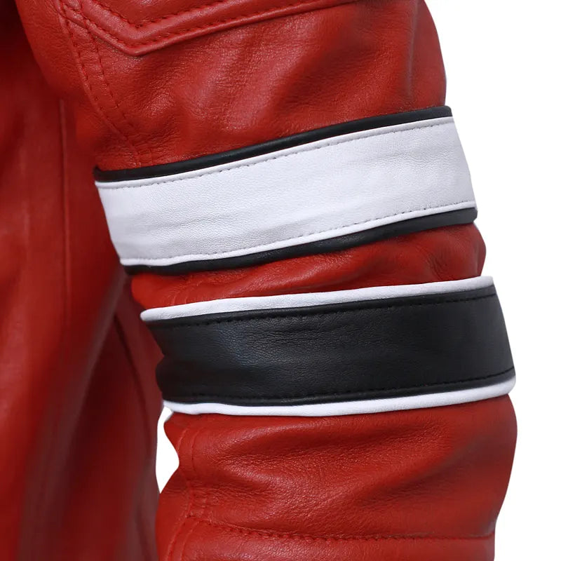 Close-up of red stripe design on oak leather jacket