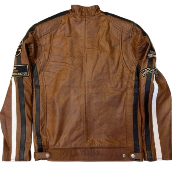 Brown leather jacket with visible branding on a white background