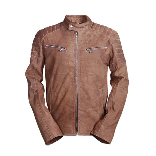 Brown leather jacket with zippers on a white background
