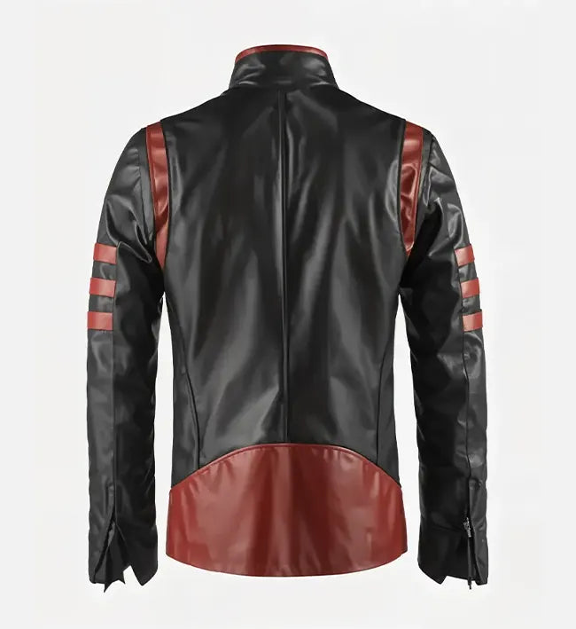 Black leather jacket with red accents on a white background