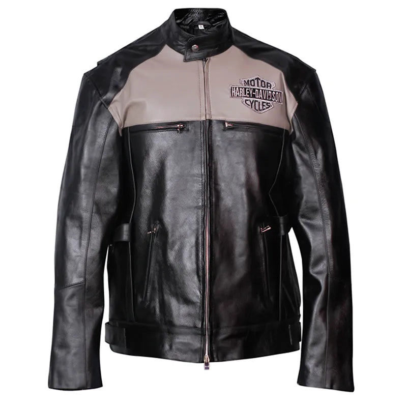 Front view of Harley-Davidson Men’s Votary Color Blocked Oak Leather Jacket